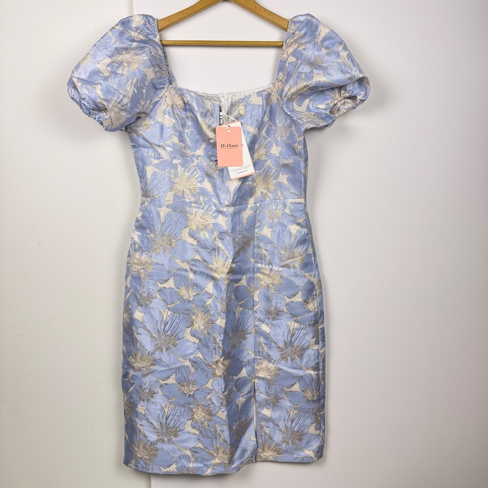 JJs House Blue Gold Floral Prom Homecoming Formal Puff Sleeve Dress  Large NWT